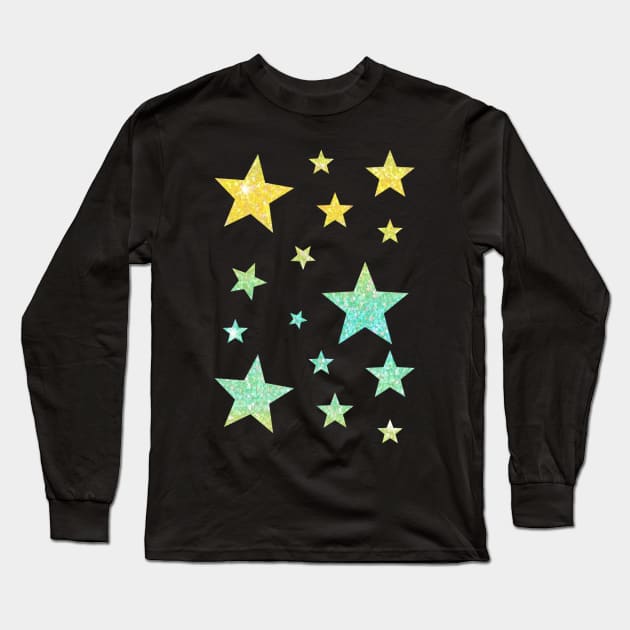 Teal Yellow Ombre Faux Glitter Stars Long Sleeve T-Shirt by Felicity-K